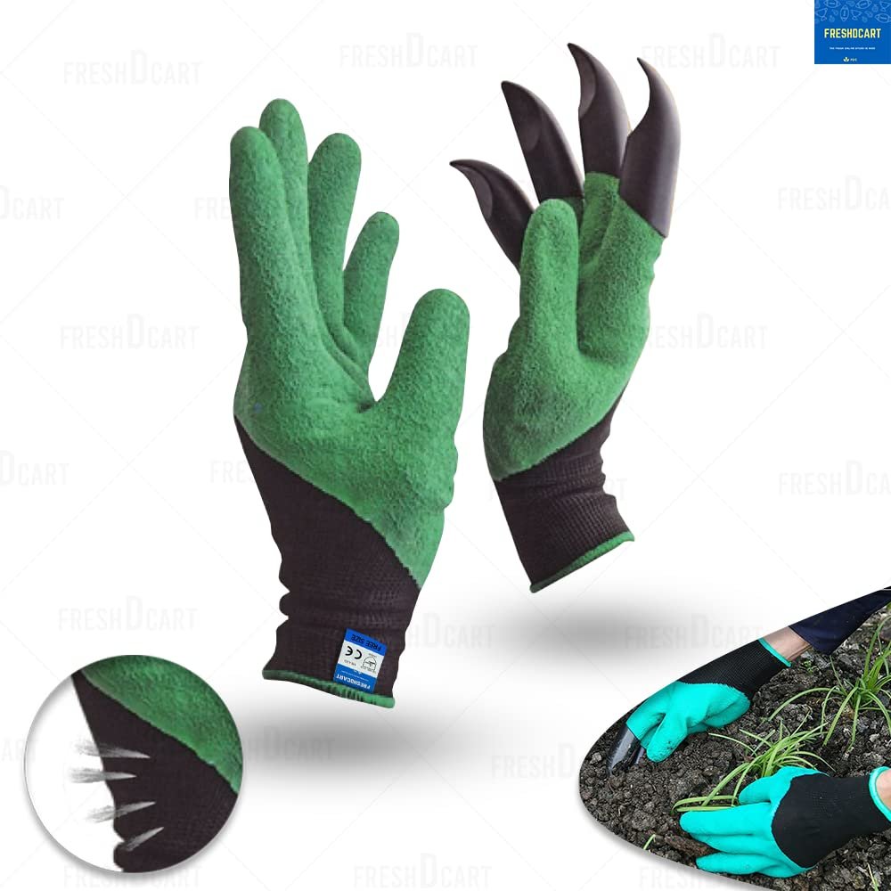 FreshDcart Gloves for Gardening Work โ Heavy Duty Washable Gardening Gloves for Home Garden Use with ABS Claws on Right Hand Fingertips for Digging (Free Size, Green, Pack of 1)