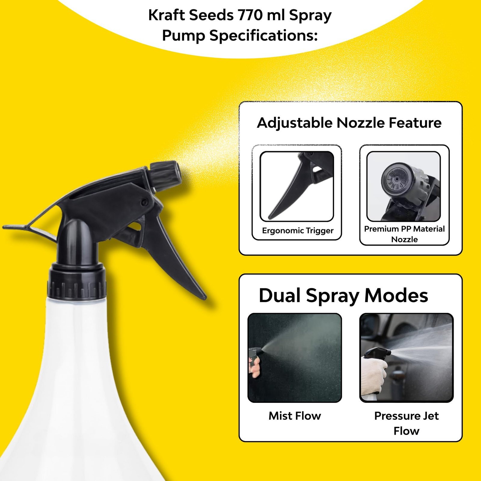 Kraft Seeds 770ml Spray Bottle for Plants, Compact Water Spray Bottle, Garden with Adjustable Nozzle, Leak-Proof Hand, Multi-Purpose use, Transparent Sprayer for Lawn Garden