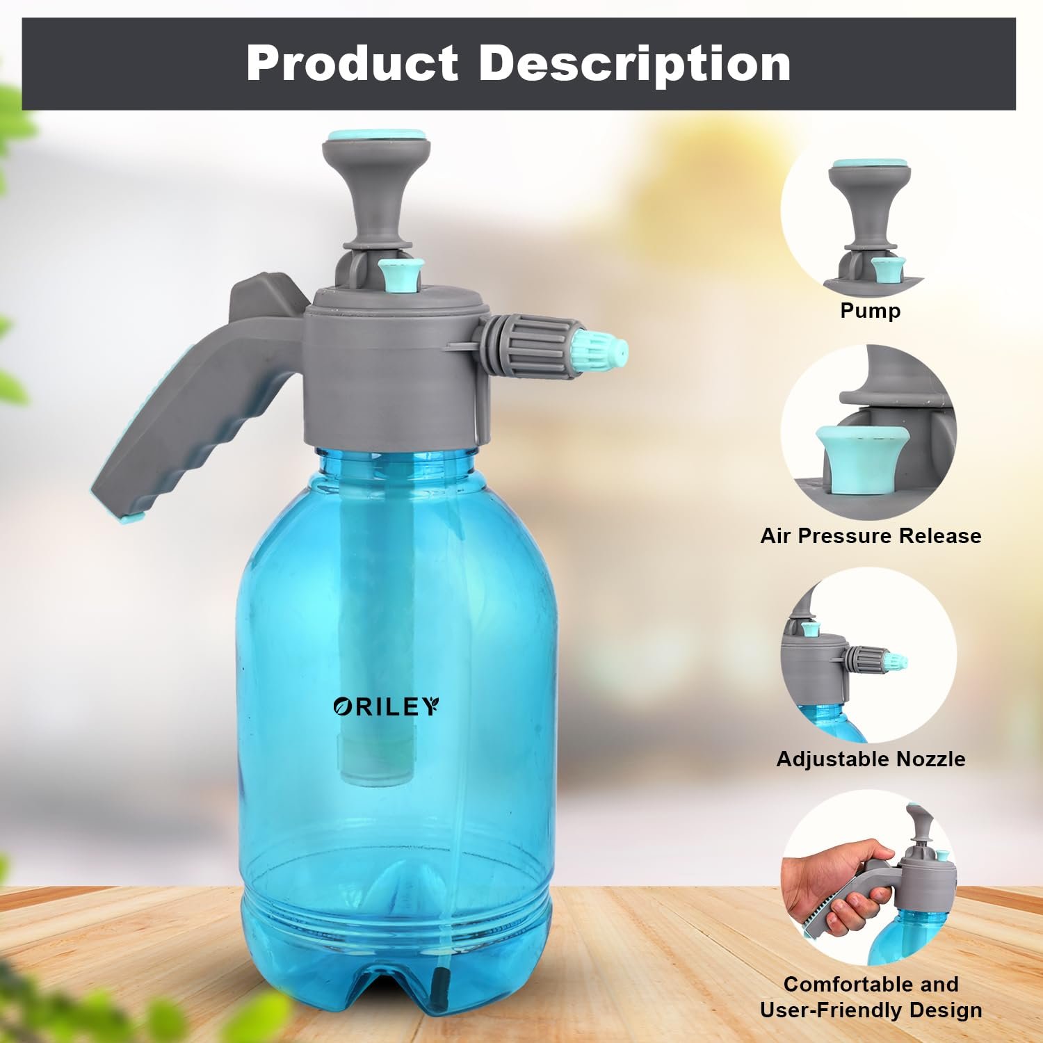 ORILEY 2Ltr Handheld Garden Spray Bottle Clear Portable Sprayer with Adjustable Nozzle and Hand Pressure for Plant Mist Pumping Yard & Weed (Random Colour)