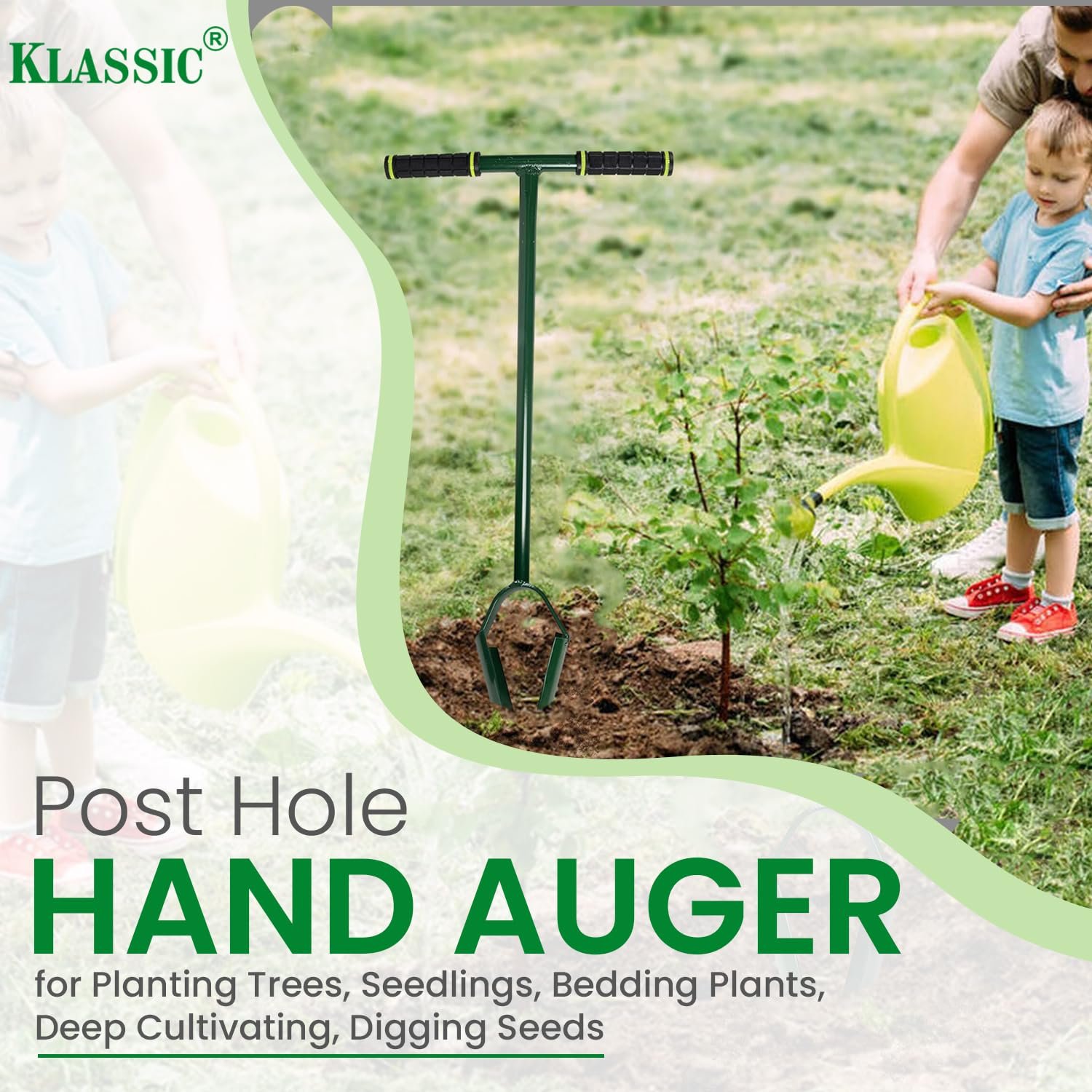 Klassic Post Hole Hand Auger for Soft Soil | 4" Drill Size | Used for Plantation | Green | Fence Post Manual Digging | for Planting Trees, Seedlings, Bedding Plants, Deep Cultivating, Digging Seeds