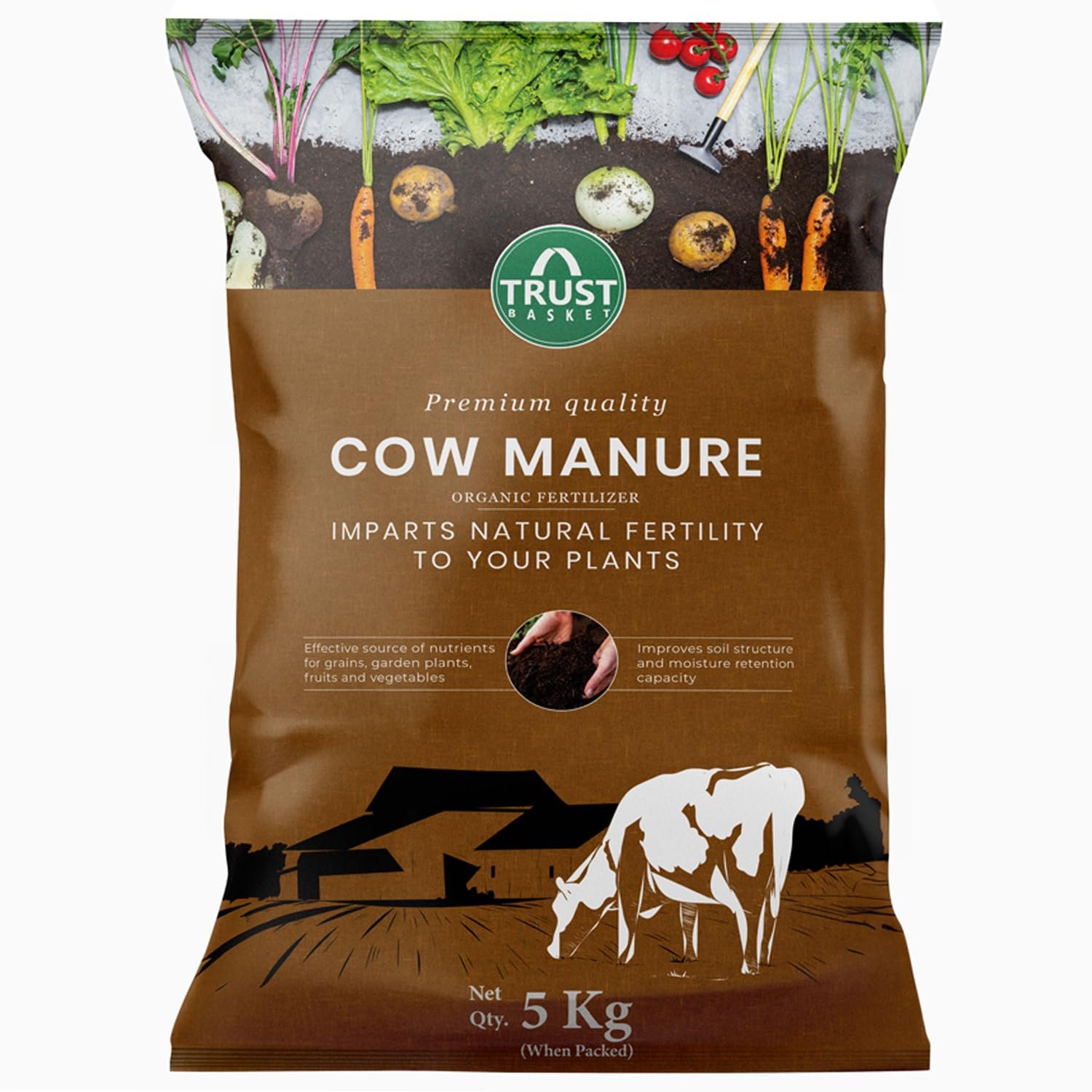 TrustBasket Cow Dung Manure 5kg | 100% Natural Organic Fertilizer for Plants | Nutrient-Rich Compost with Microbial Bio-Stimulants | Improves Plant Health, Water Retention & Soil Fertility