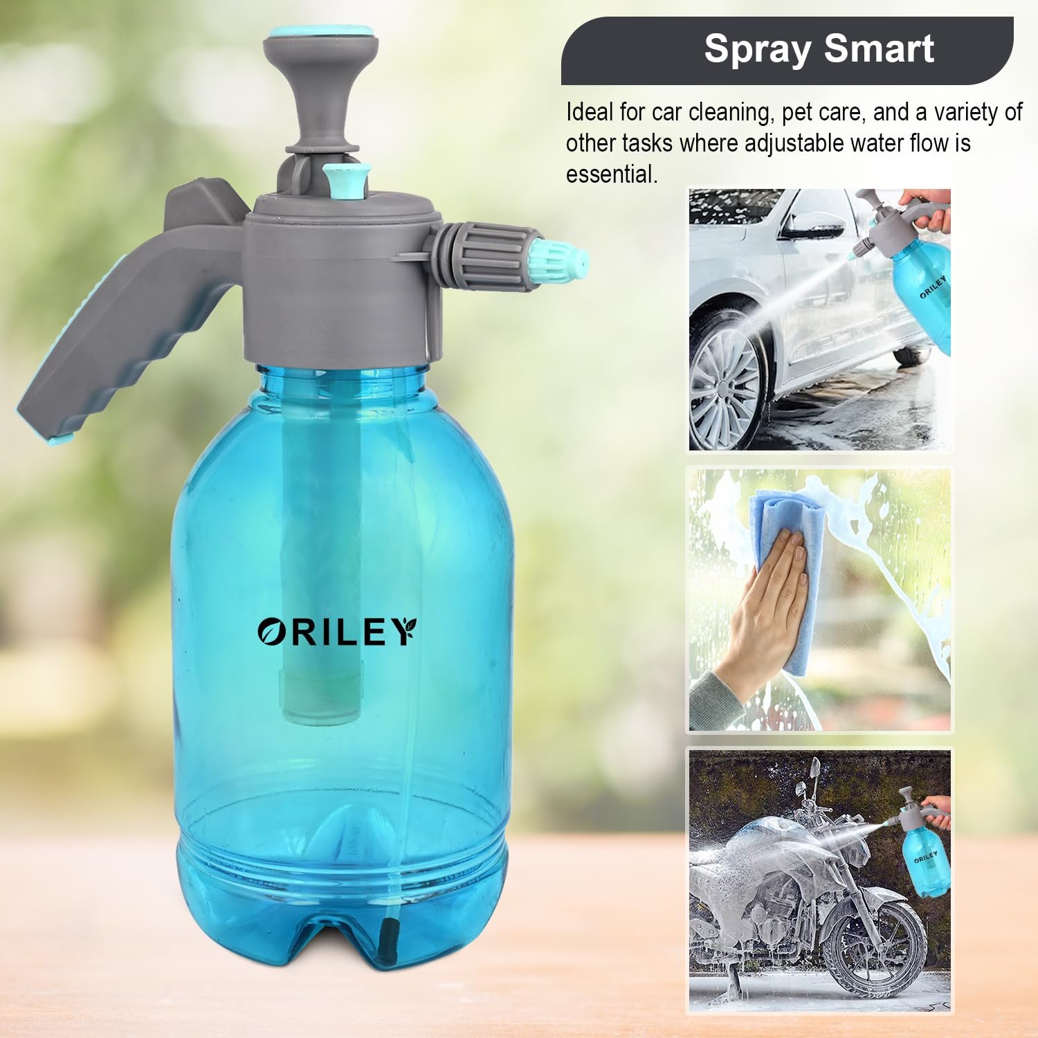 ORILEY 2Ltr Handheld Garden Spray Bottle Clear Portable Sprayer with Adjustable Nozzle and Hand Pressure for Plant Mist Pumping Yard & Weed (Random Colour)
