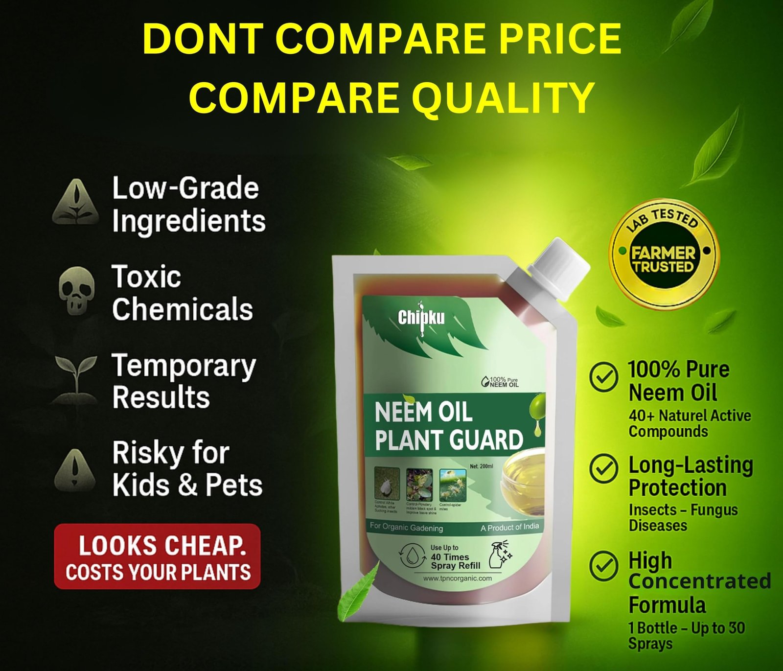 Chipku Pure Cold Pressed Water Soluble Neem Oil 200ml With Free Empty Spray Bottle Concentrate For Plants & Garden For Indoor And Outdoor Removes Aphids Fungus Mildew For Making 40 Neem Spray Bottles