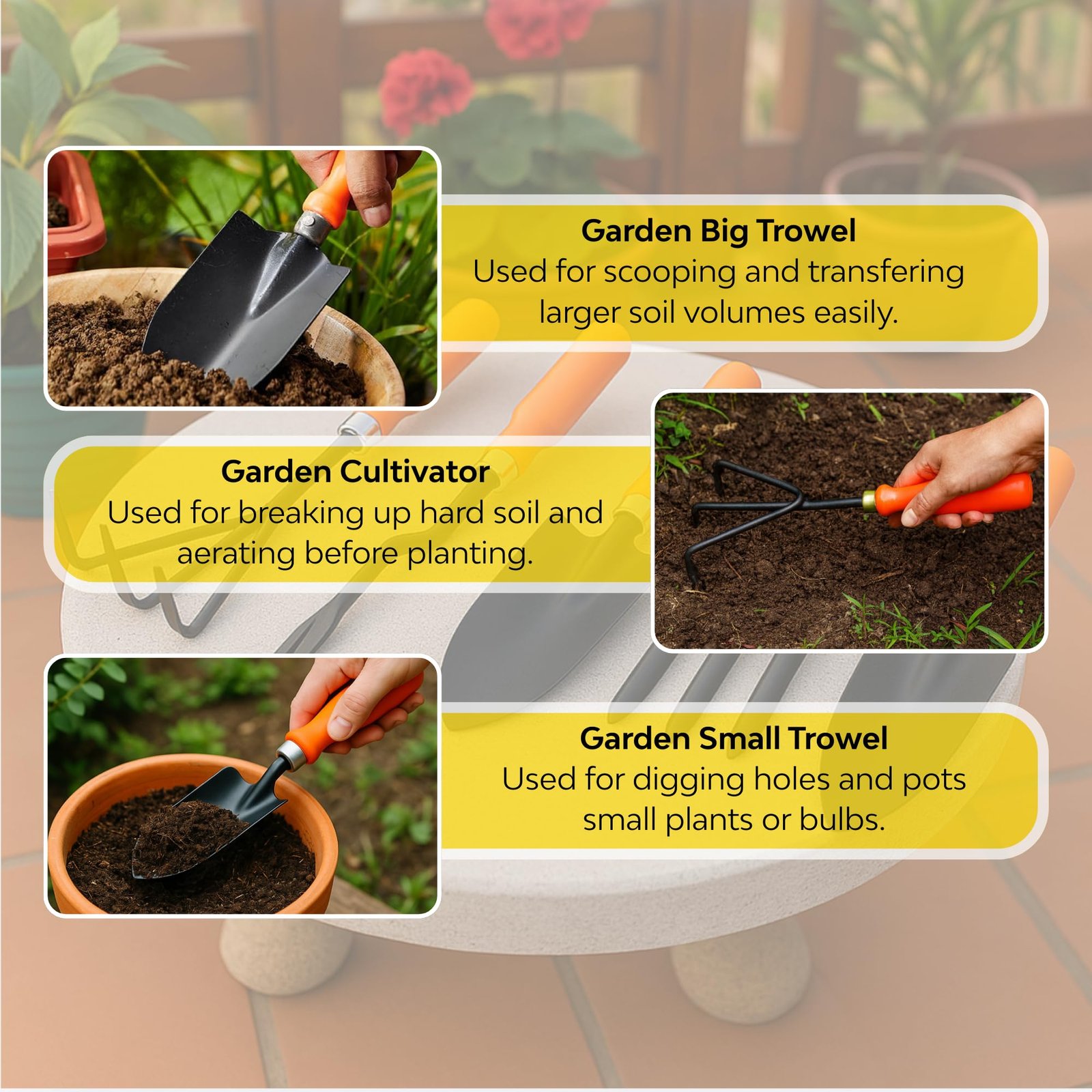 Kraft Seeds Gardening Hand Tools Set - 5 Pieces (Cultivator, Big and Small Trowel, Weeder, Fork) | Tools for Home Garden | Durable Plant Tool Kit | Farming Tools