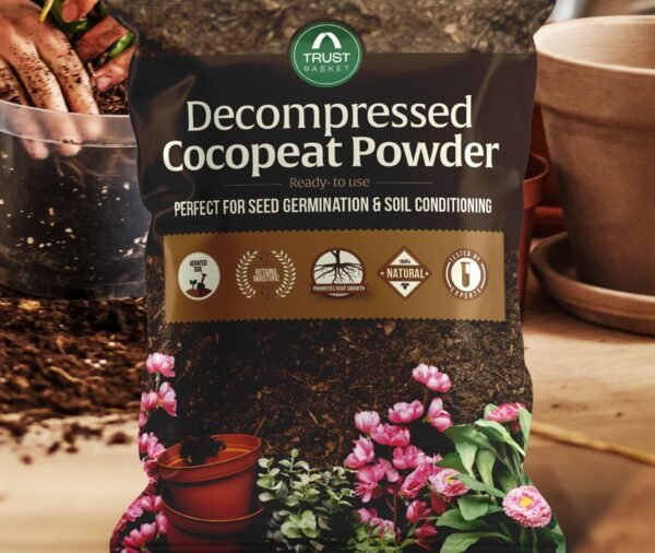 TrustBasket Decompressed Cocopeat Powder – Ready-to-Use Coconut Coir Soil Conditioner (1kg Pack) for Seed Germination, Potting, Indoor/Outdoor Gardens – 100% Natural, High Water Retention