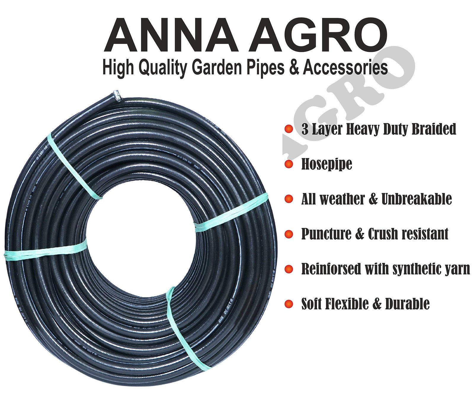 ANNA AGRO 1"Inch (19mm) 50 Meters(162.5 feet) Black,3 Layered Heavy Duty Braided Water Hose Pipe for Watering Easy to Connect, Garden, Car Wash, Floor Clean, Pet Bath,10 Year Replacement Warranty