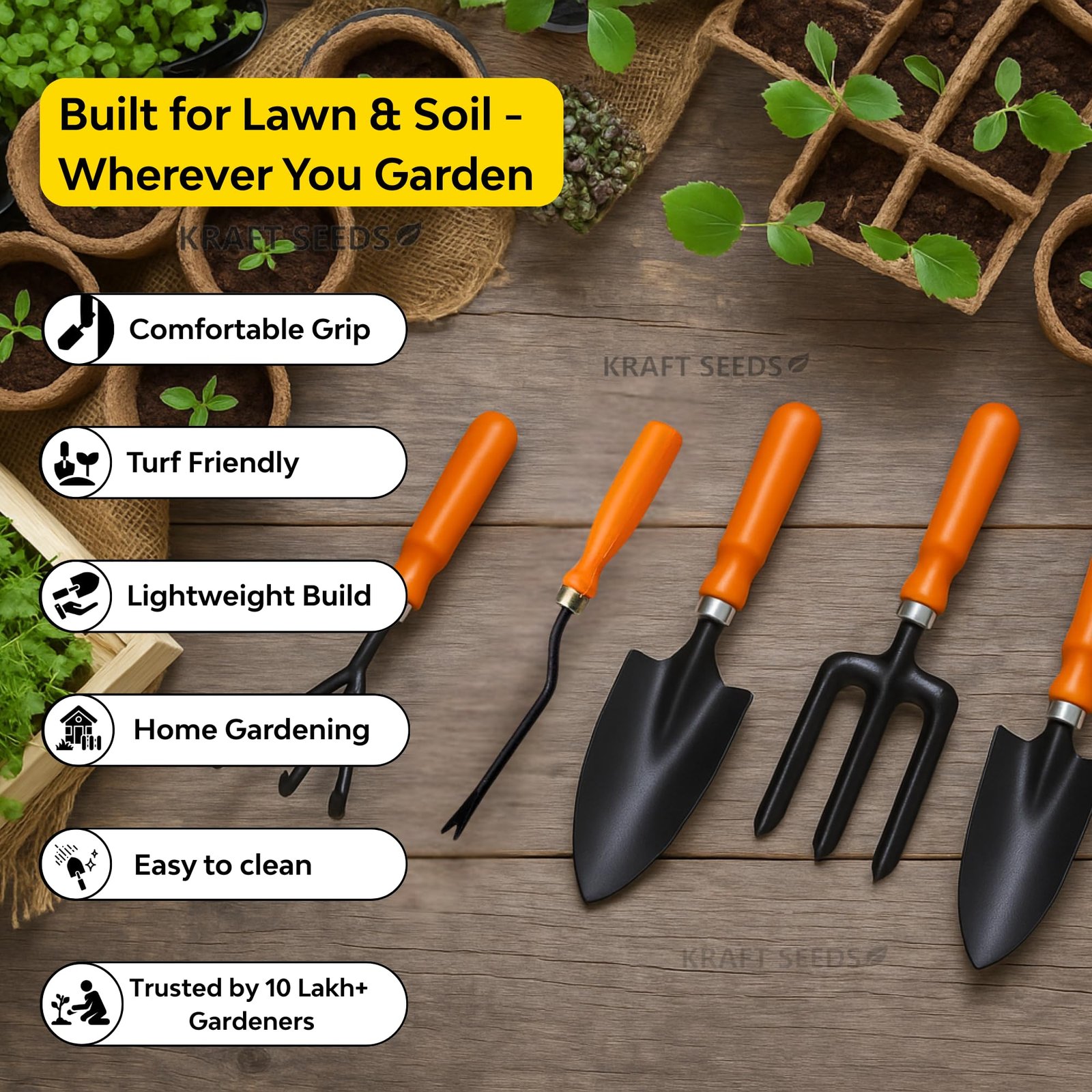 Kraft Seeds Gardening Hand Tools Set - 5 Pieces (Cultivator, Big and Small Trowel, Weeder, Fork) | Tools for Home Garden | Durable Plant Tool Kit | Farming Tools