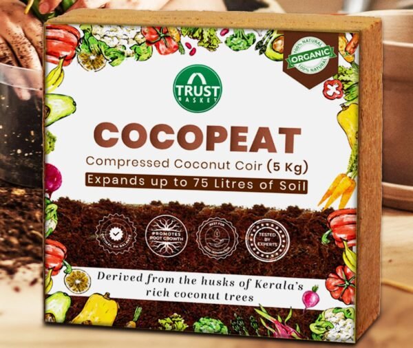 TrustBasket Premium Cocopeat 5kg (Expands Upto 75 litres) | Kerala Coconut Husk | Superior Water Retention | Organic Coco Coir for Plants | Expandable Cocopeat Block Outdoor Gardening