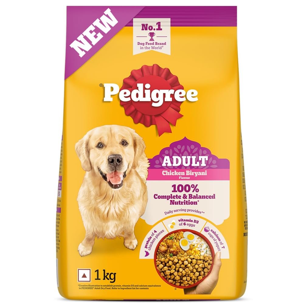 Pedigree Adult Dry Dog Food, New Chicken Biryani Flavour, 1 kg, Protein of 4 Chicken Pieces, Vitamin D3 of 6 Eggs, Calcium of 7 Cups of Yogurt, 100% Complete and Balanced Nutrition​